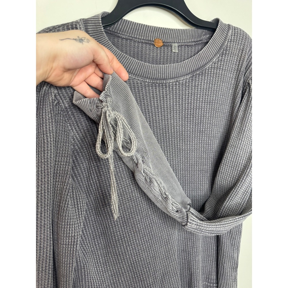 Free People FP One Grey Waffle Knit Puff Sleeve Lace Up Thermal Top Medium - Picture 2 of 5
